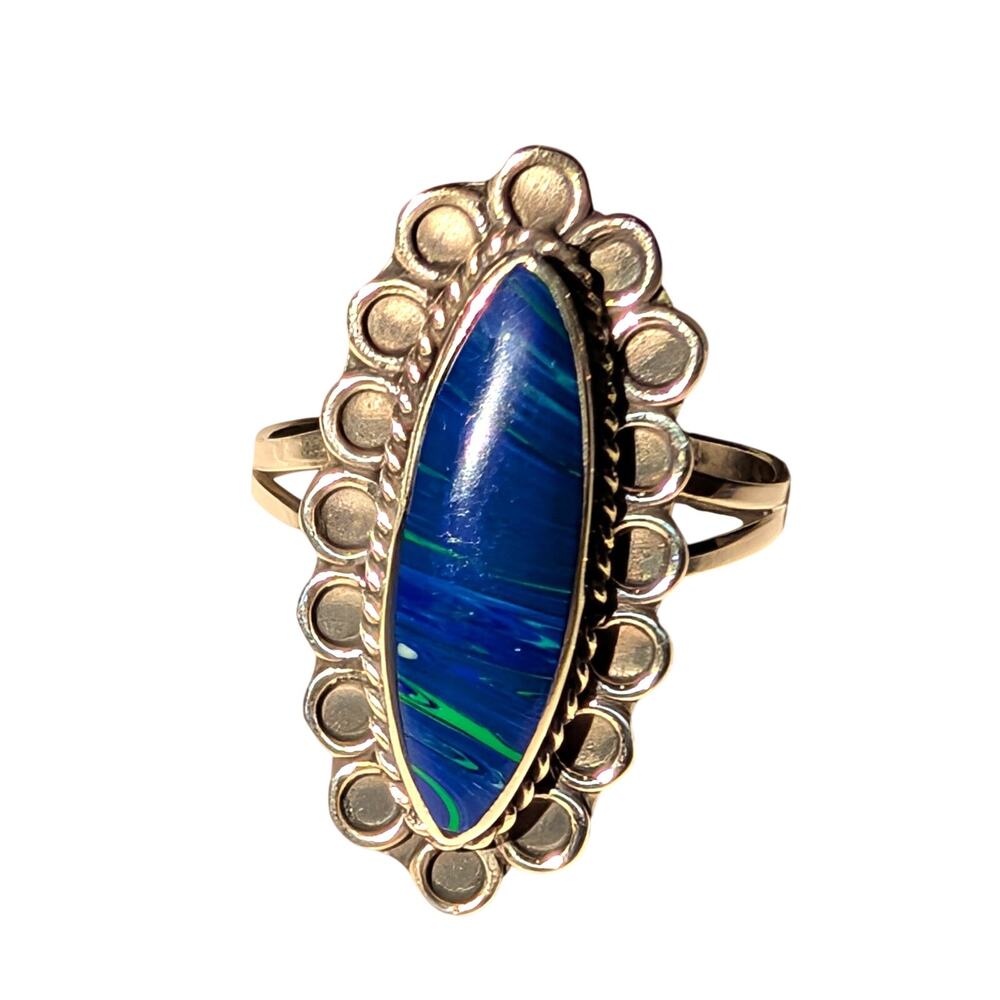 Vintage 925 MEX Sterling Azurite Malachite Ring Oval Cabochon Southwestern Sz 7